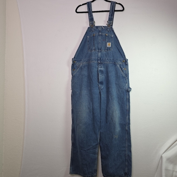 Carhartt Denim Overalls Men’s  USA Distressed/Thrashed Workwear Carpenter Bibs - Picture 1 of 16